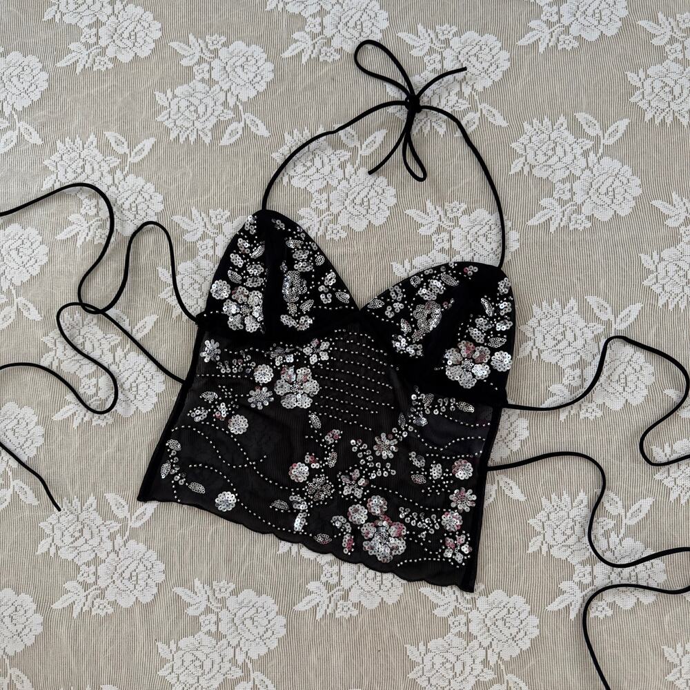 Edikted Black Sequin Floral Halter Top Size S